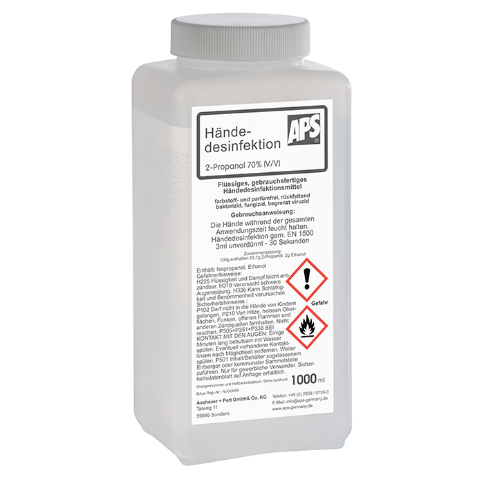 Desinfektionsmittel für Hände 1 Liter Flasche aus PE 8,5 x 7 cm, H: 20,5 cm